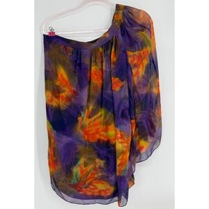 Single Dress Silk One Shoulder Abstract Watercolor Print Mini Dress Purple Sz S